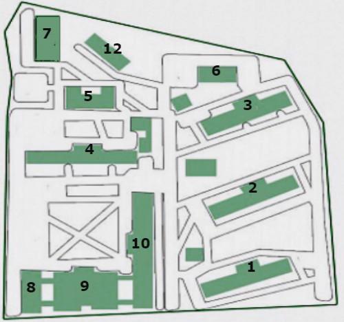 Схема корпусов ГКБ 36 (больница Иноземцеа)